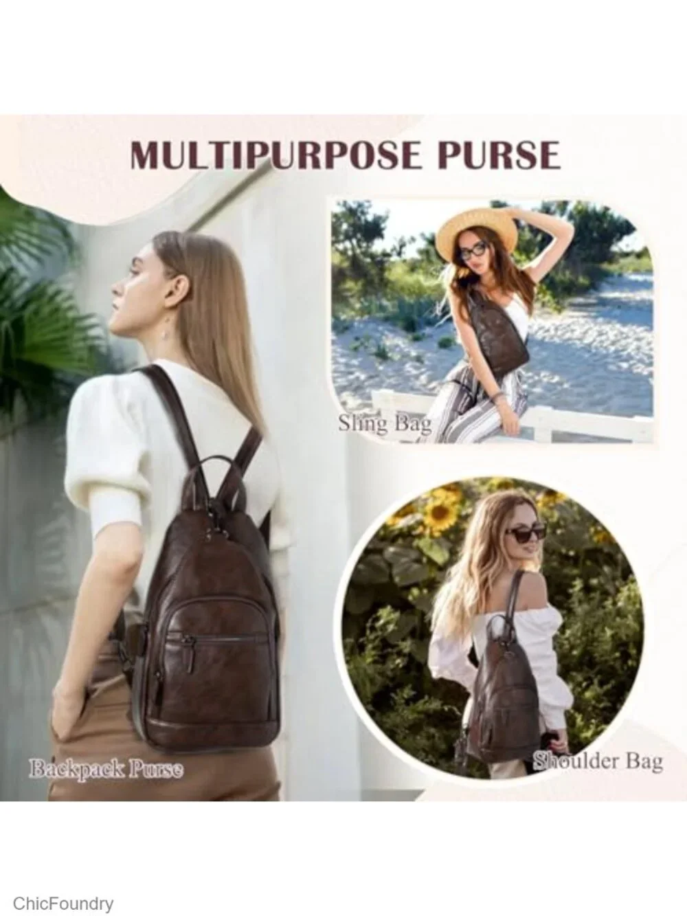 Sling Bag for Women Convertible Anti Theft Backpack Purse Faux Leather